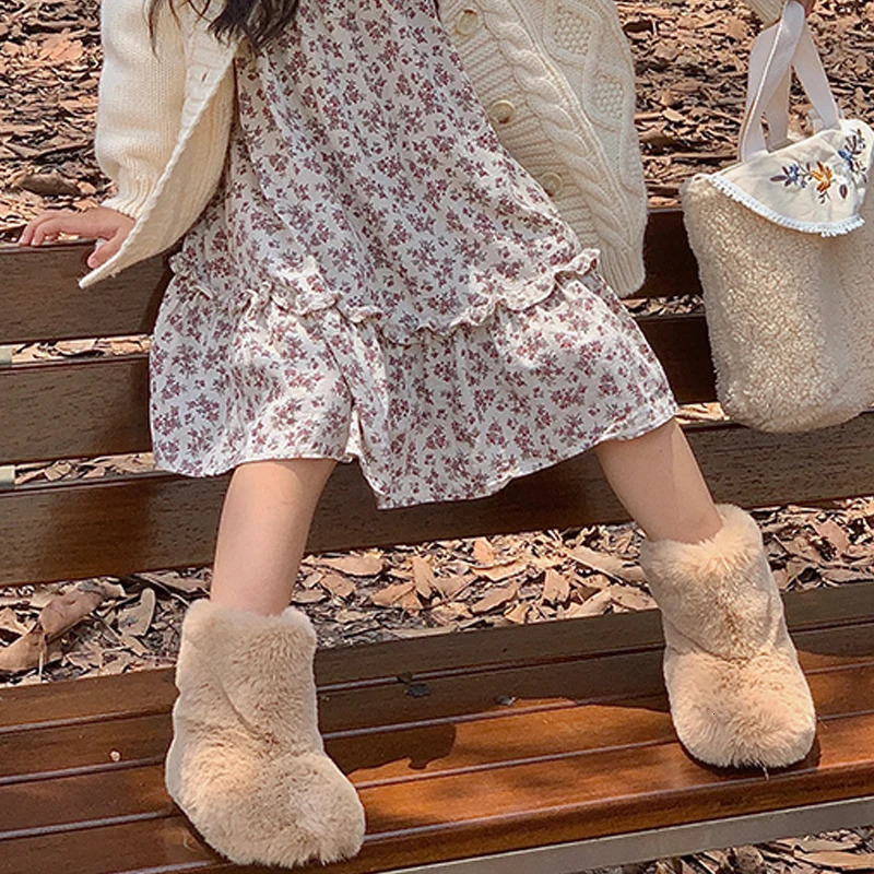 Fluffy Warm Plush Boots Baby Girls Thick Fur Booties Toddler Child Winter Fashion Round Toe Slip-on Outdoor Cotton Shoes 241106