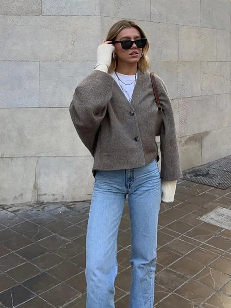 Women Woolen Blends Solid Blazer Coat Fashion Loose Single Breasted Long Sleeve Pockets Jackets Chic Female Coats 241106