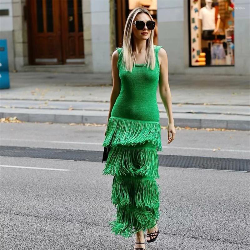 Autumn Women's Tank Top Skirt Long Sleeveless French Fringe Detail Knitted Dress