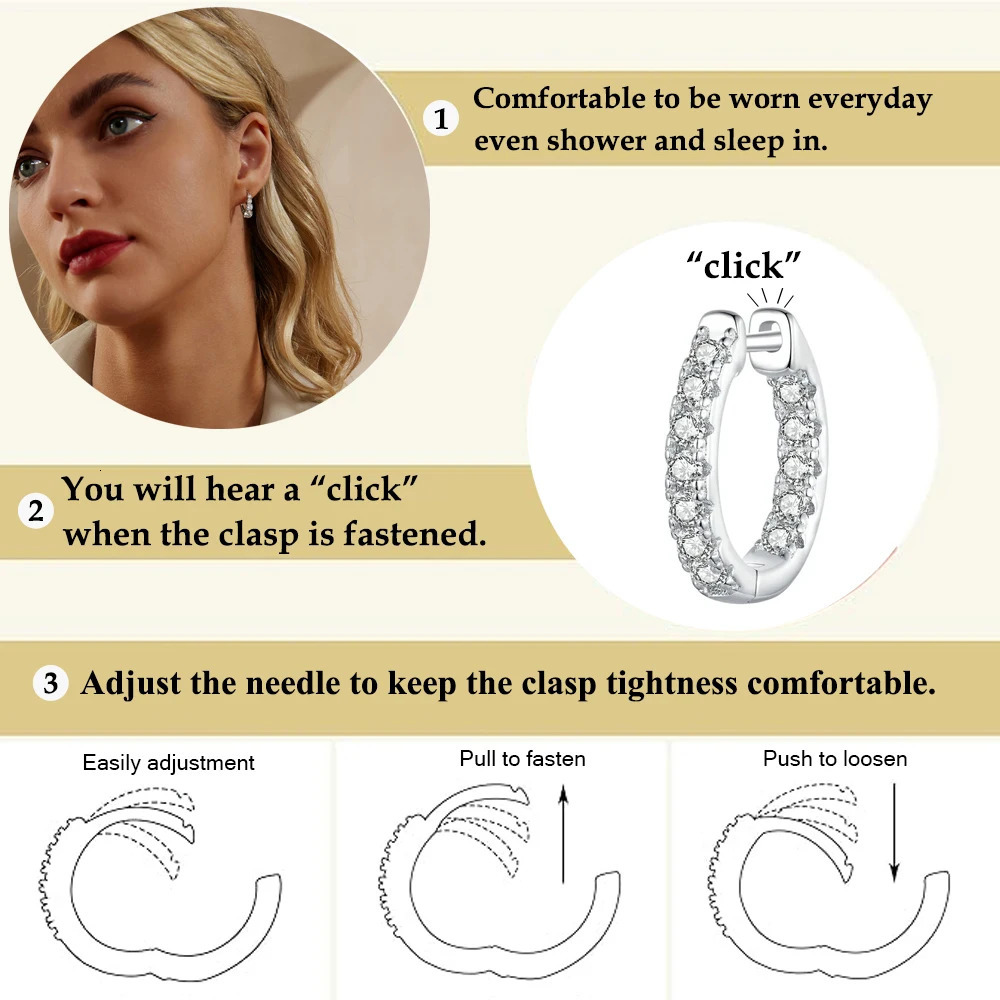 Platinum Plated Hoop Earrings for Women D Color Round Cut Lab Diamond 925 Silver Hypoallergenic Earrings 241106