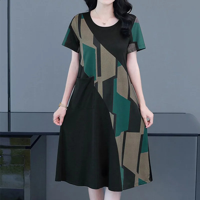 Summer Elegant Fashion Retro Aesthetic Loose Chinese Style Womens Clothing Sweat Office Lady O Neck Pockets Dresses 240329