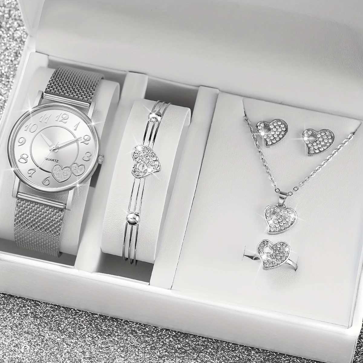 Enchanting - Shape Quartz Chronograph and Dazzling Rhinestone Jewelry Set -6 pieces for her timing Rantic Vntines Day X241106