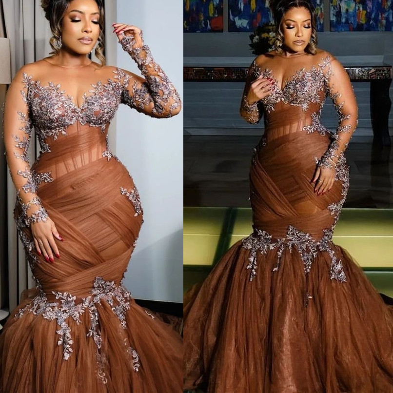 2024 Plus Size Chocolate Illusion Mermaid Prom Dresses For Special Occasions Lace Tulle Evening Party Birthday Gowns Dress For Women Vestidos de novia