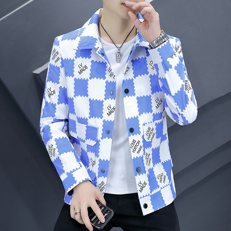 Spring Autumn Men's Lapel New Corduroy Check Pattern Fit Coat Streetwear Men Fashioncolor Block Jacket