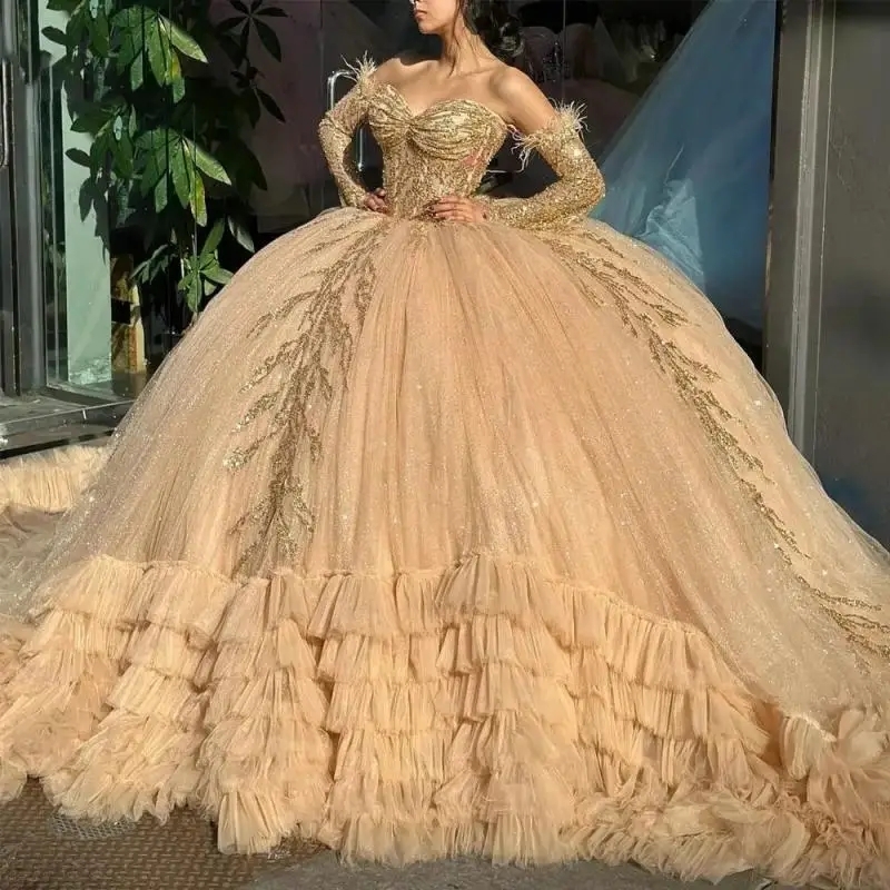 Champagne Shiny Quinceanera Dresses Long Sleeves Sequin Applique Lace Beads Tulle Ruffles Sweet 16 Dress Ball Gown Vestidos De 15 Anos