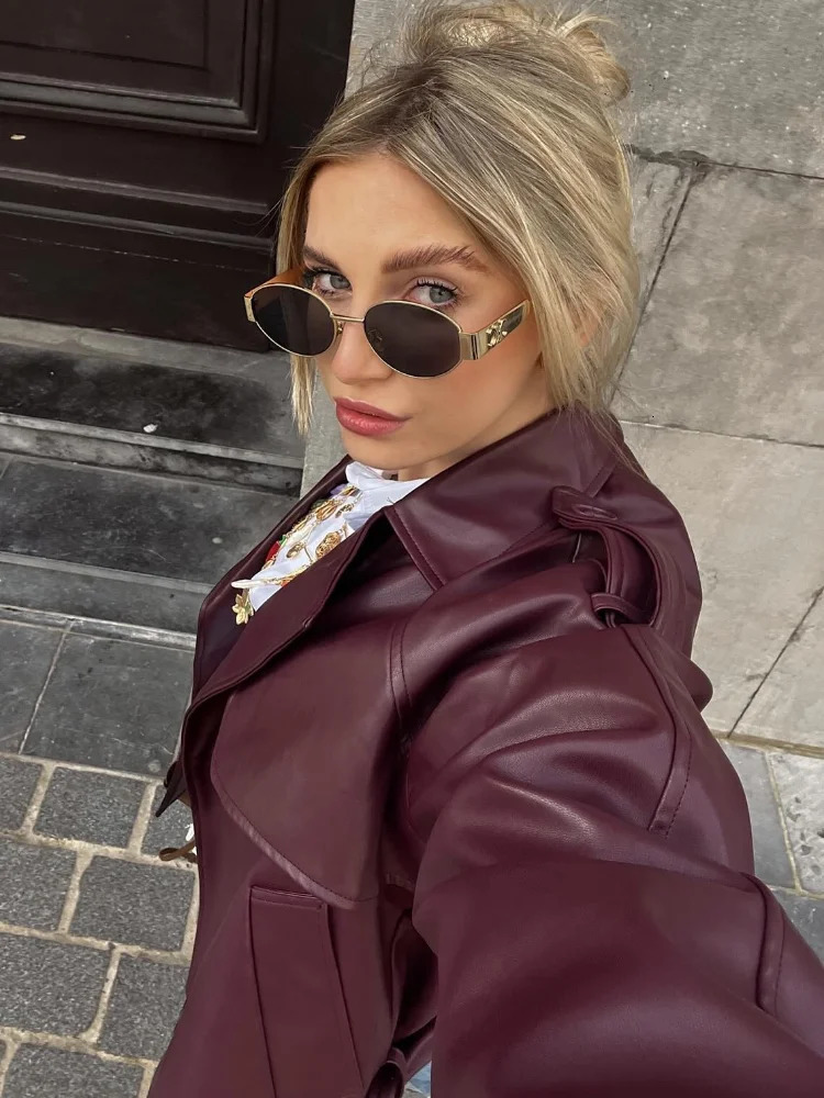 Fashion Women Autumn Solid Short Leather Jacket With Belt Elegant Lapel Long Sleeves Cropped Coat Chic Lady Commuting Outerwear 241106