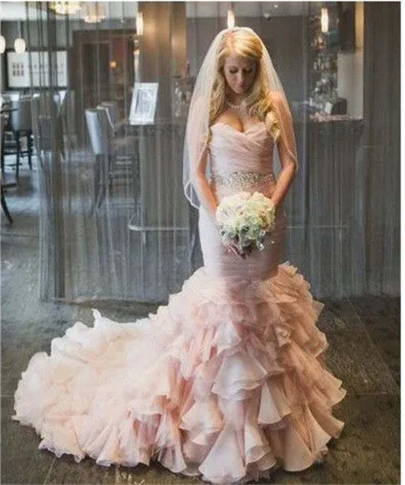2024 Blush Pink Tiered Mermaid Wedding Dresses Pleats Sweetheart Neckline Long Gorgeous Bridal Gowns With Crystals Beaded Sash Back Lace-Up Garden Bri