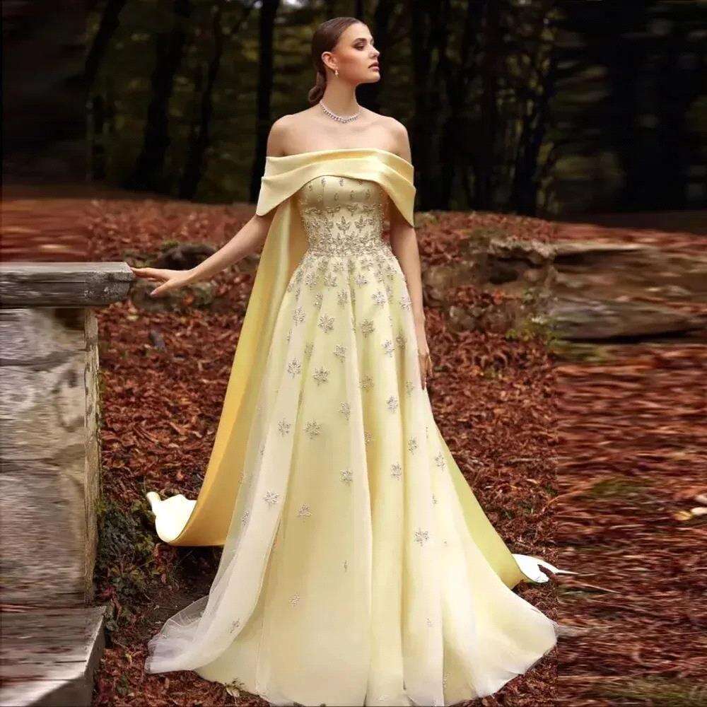 Arabic Yellow Satin Dubai Evening Dress with Cape Train 2024 Elegant Off Shoulder Women bc19731