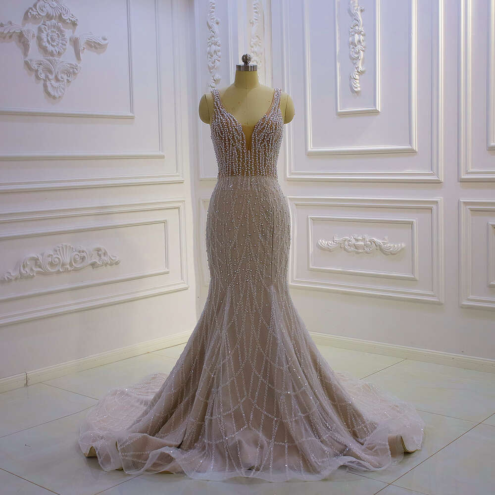 Champagne Spaghetti Straps V-neck 2 In 1 Mermaid Wedding Dress