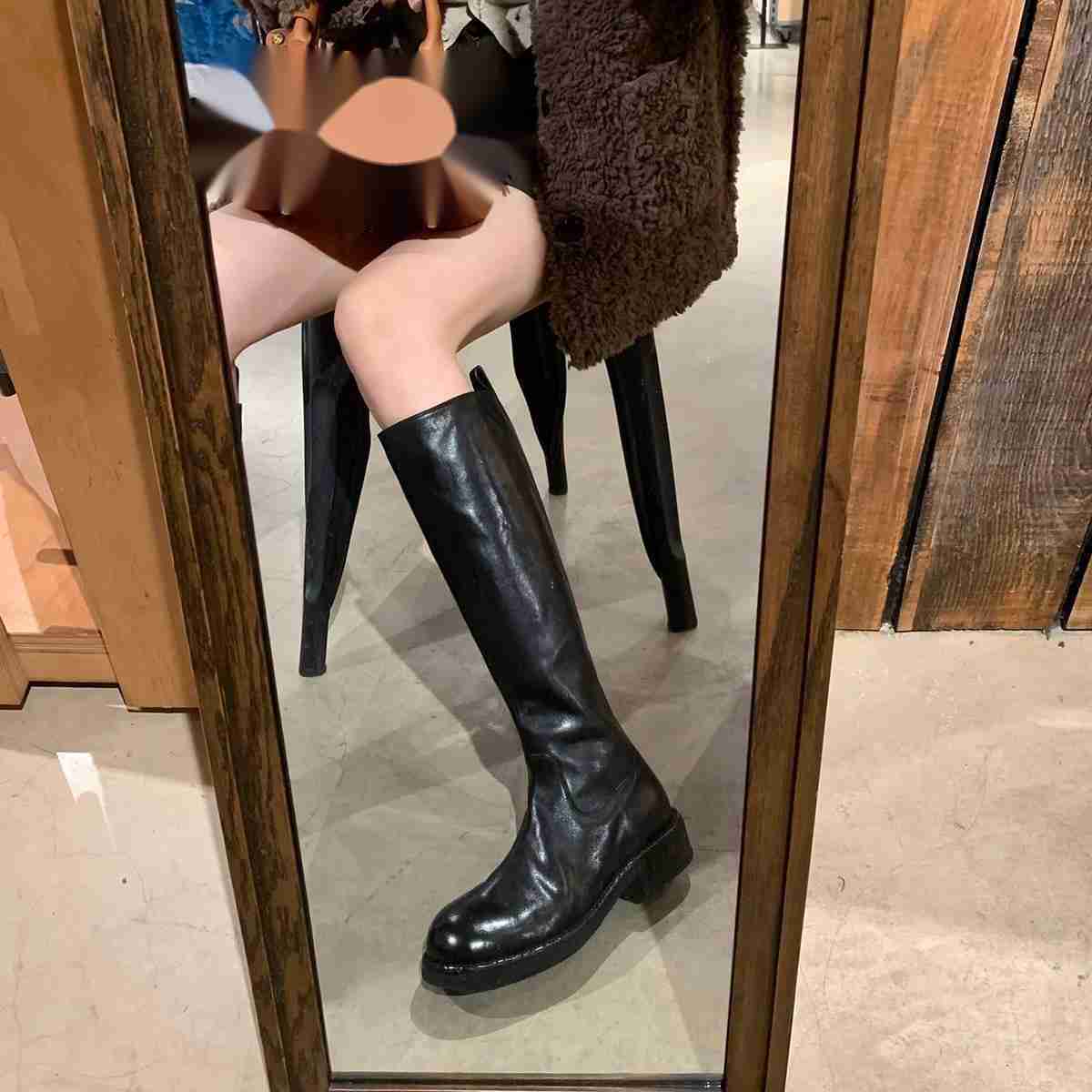 CMM Full Horse Leather Round Head Thick Heel Increased Height Mid Barrel Knight Boots Womens Autumn and Winter