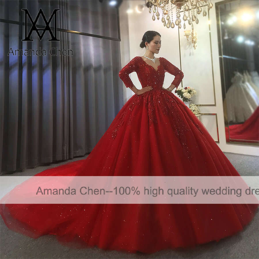 robe femme Lace Applique Crystal Sweetheart Red Wedding Dress