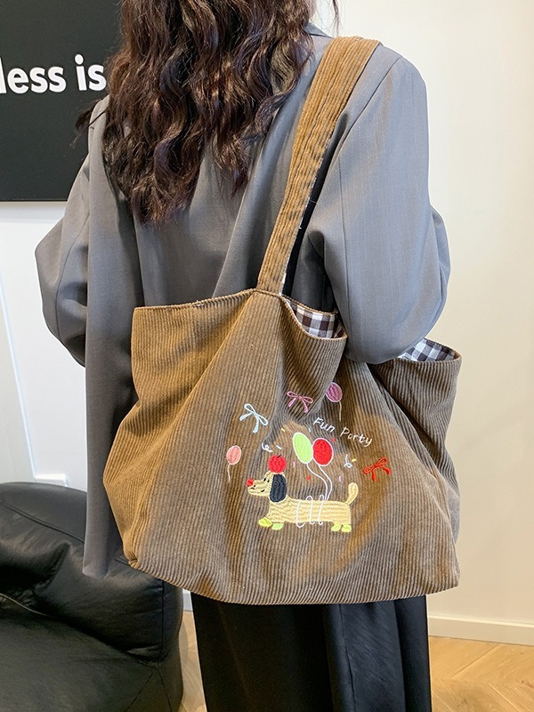 Autumn And Winter Corduroy Contrasting Plaid Double-sided Back Canvas Cartoon Cute Embroidery Student Class Bag Designer Bags Handbags Women