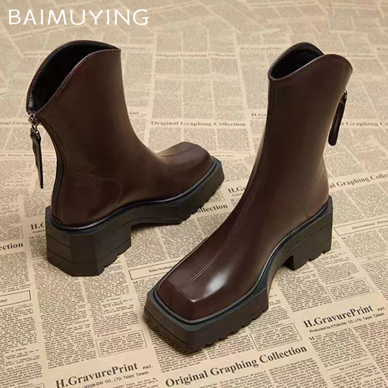 Platform Women Snow Ankle Boots Mid Heels Retro Shoes Square Toe Motorcycle Boots Trend Winter Leather Chunky Botas Mujer 241106