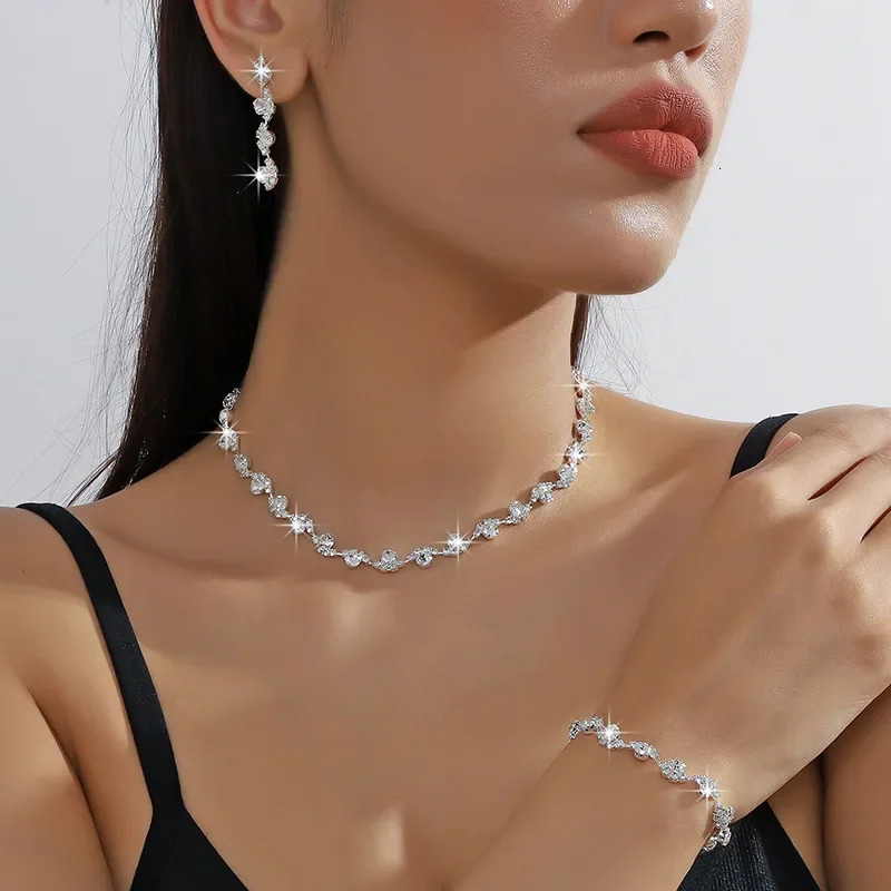 FYUAN Exquisite Black Silver Color Crystal Necklace Earrings Bracelet Long Tassel for Wedding Jewelry Sets 241106