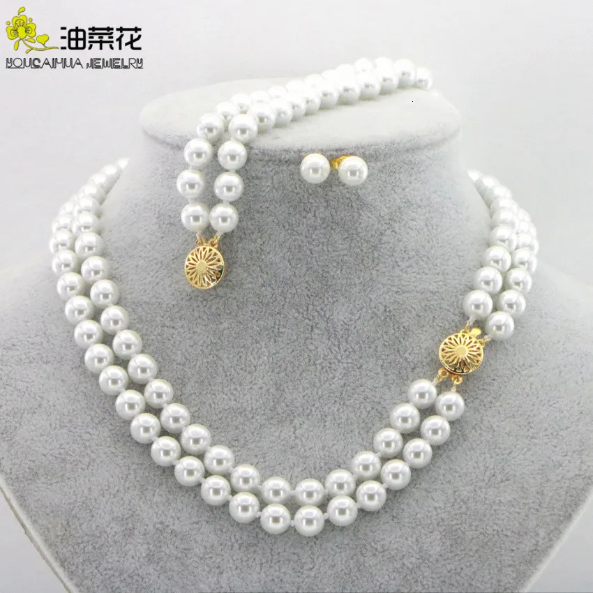 Fashion 2-Row 8mm White Akoya Shell Pearl Round Bead Necklace Bracelet Earring Set Womens Christmas Gift Wholesale Price 241106