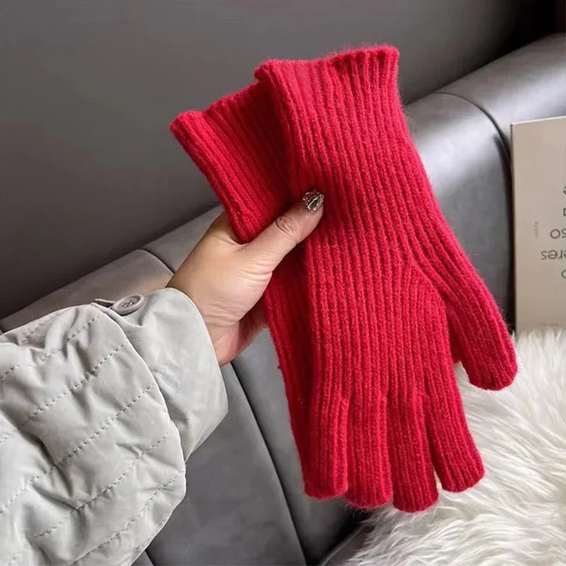 touch screen gloves suitable for women winter thick warm knit elastic gloves all finger outdoor skiing gloves 241106