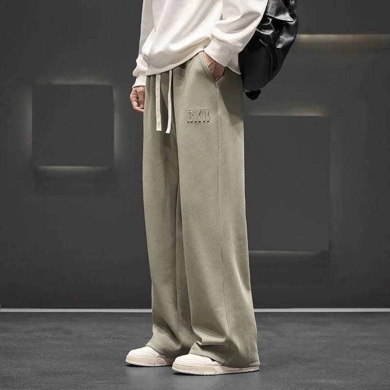 Autumn Men Knitted Sports Pant Steel Stamp Printing Wide Leg Casual Trousers Straight Solid Lightweight Cotton Fabric Unisex 241104