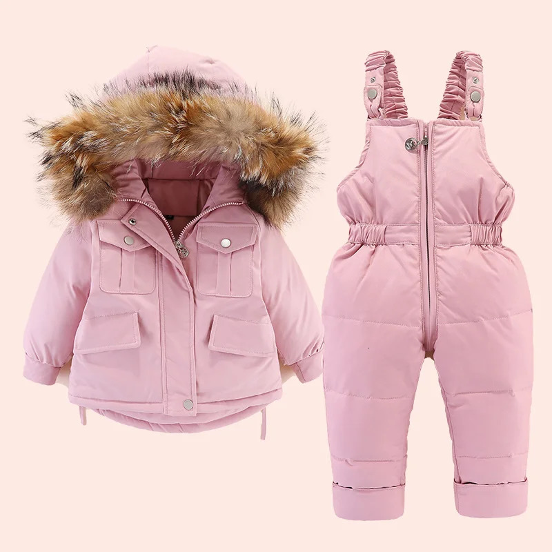 2pcs Set Baby Girl winter down jacket and jumpsuit for children Thicken Warm fur collar jacket for girls Infant snowsuit 0-6Year 241106