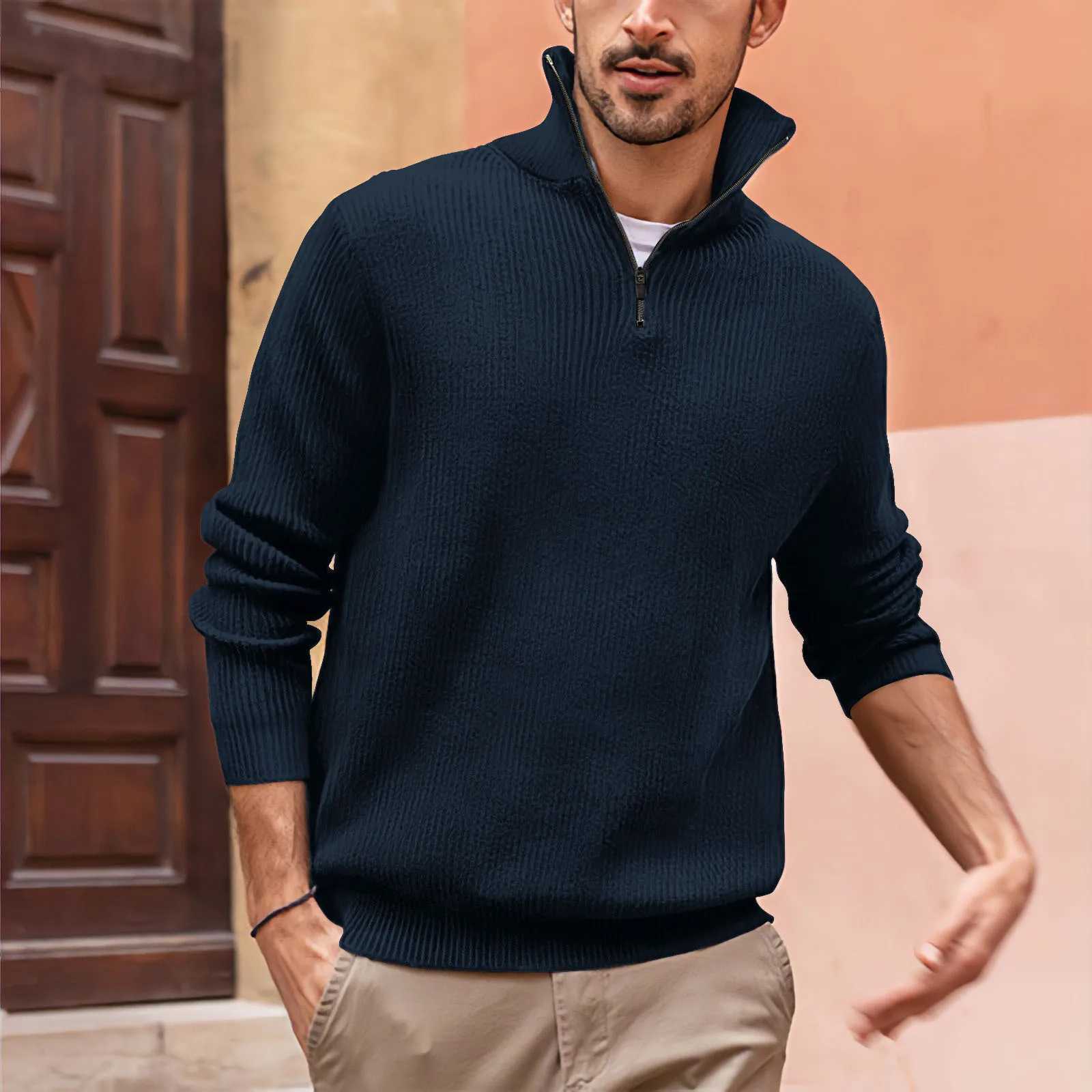 Autumn and winter new zipper high neck mens shirt strut casual solid color long SVES sportswear W241106