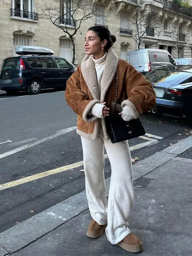 Women Chic Lapel Lamb Wool Patchwork Coat Casual Button With Pocket Thickened Jacket 2024 Autumn Winter Lady Retro Outerwear 241106