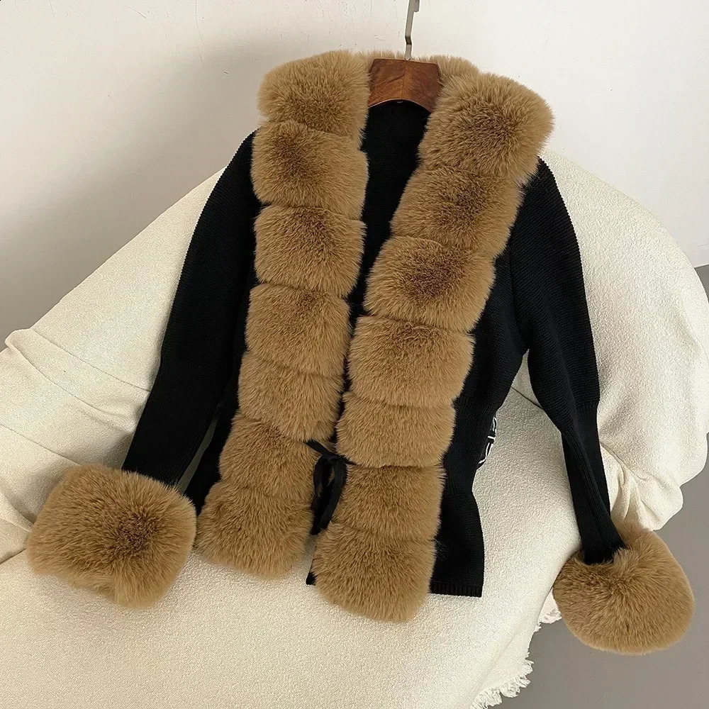 Faux Fur Coat Patchwork Knit Knitted Cardigan Detachable Collar Jacket Sweater Bandage Autumnwinter Womens 241104