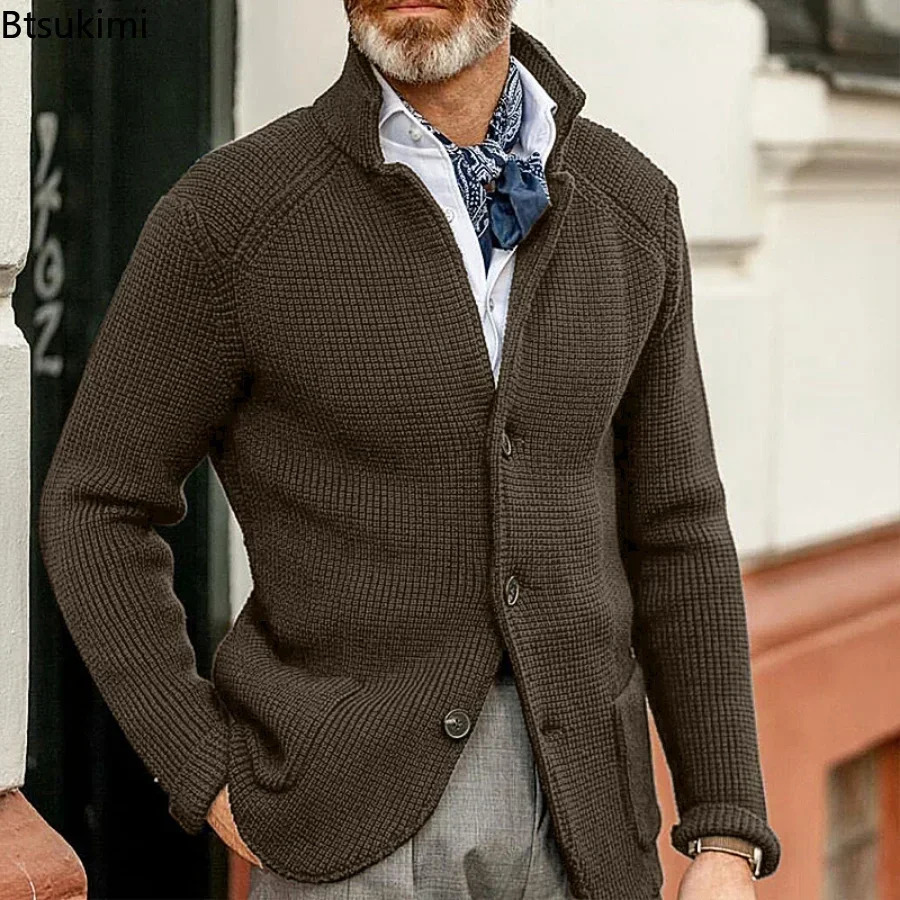2024 Mens Stand Collar Knitted Coat Long Sleeve Sweater Cardigan Jacket Solid Thick Warm Casual Cardigan Knitting Sweatercoat 241106
