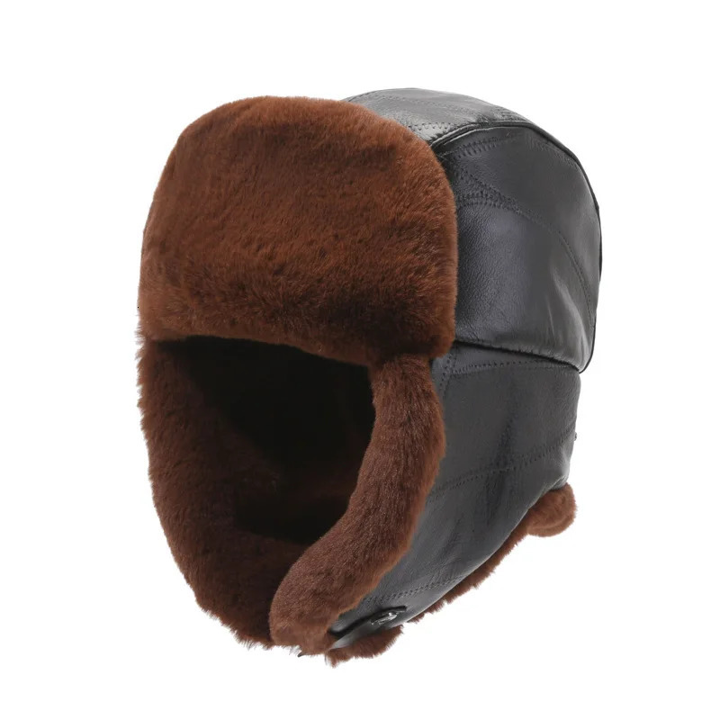 100% Natural Cowboy Leather Bomb Hat Earrings Warm Winter Hat Russian Fur Hunting Trap Hat 241106
