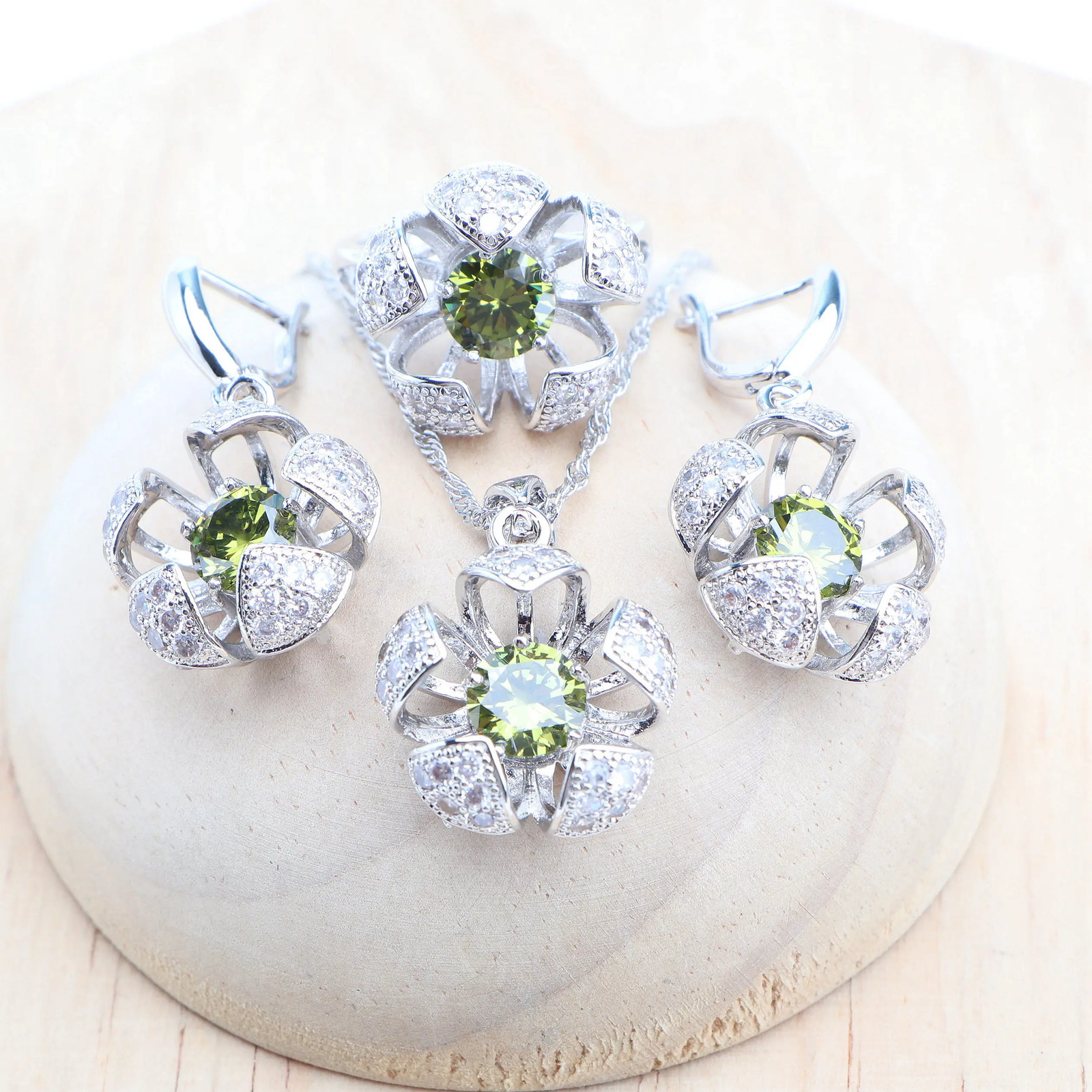 Bridal Silver 925 Round Olive Zircon Jewelry Set Ring Bracelet Pendant Earrings Necklace Set 241106