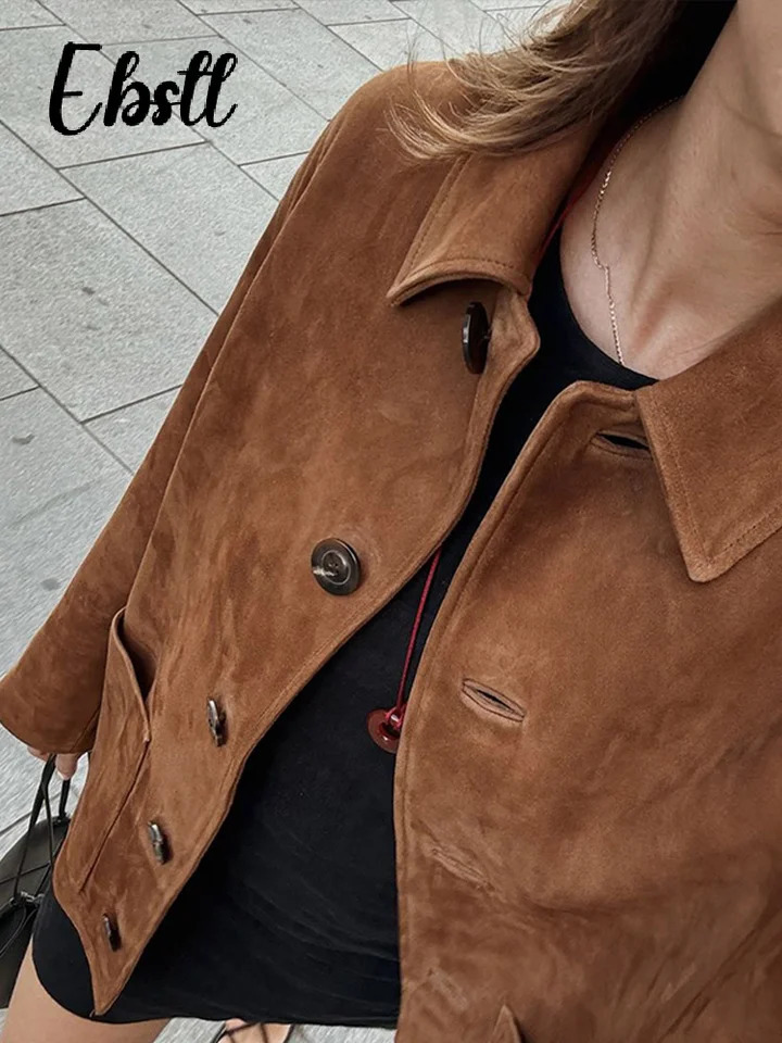 Vintage Lapel Suede Jackets Women Loose Single Breasted Long Sleeve Pockets Coats 2024 Autumn Winter Lady Casual Outwear 241106