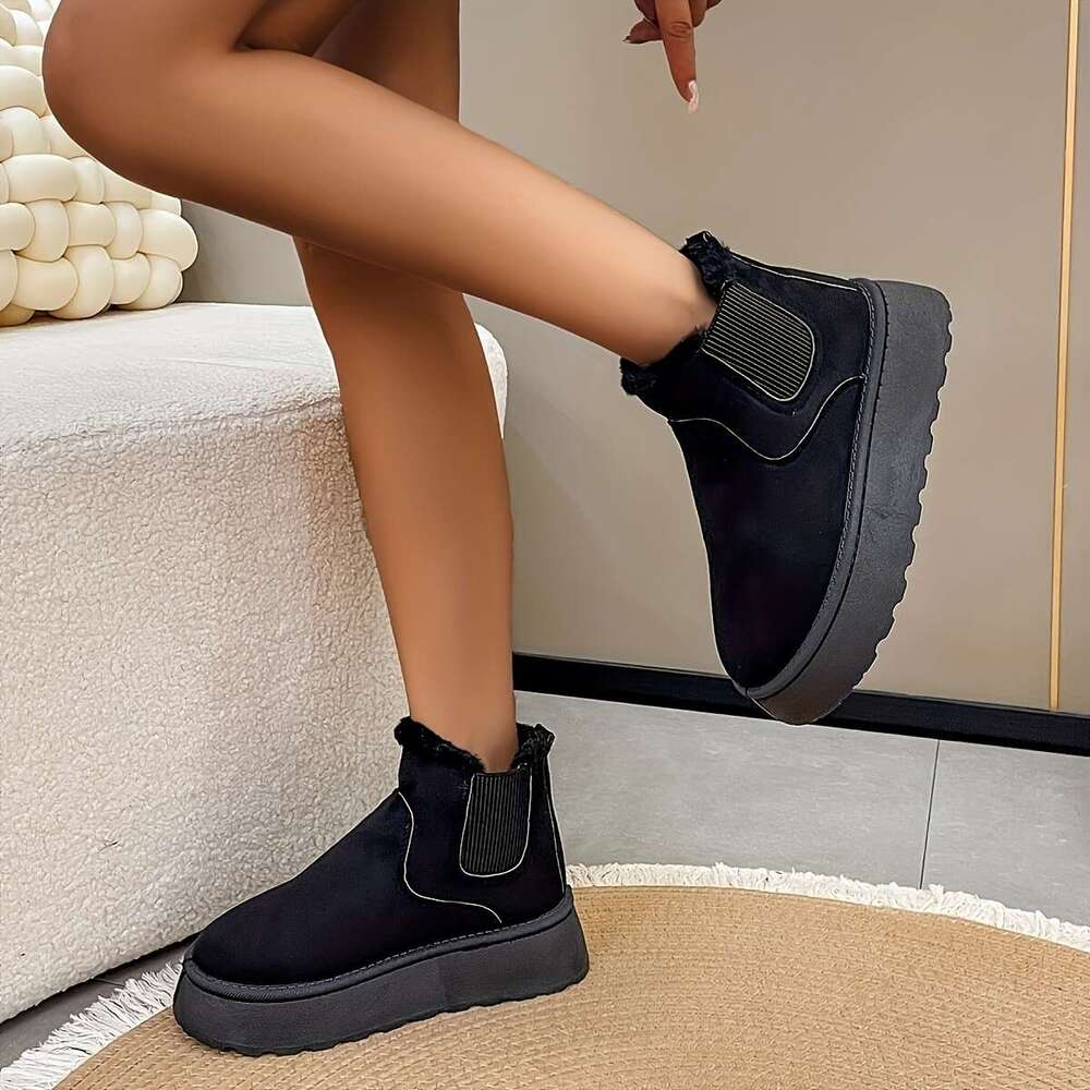 Trendy Winter Comfort: Women's Slip-On Warm Fleece-ed Boots, Non-Slip Flat Platform in Chic Solid Color
