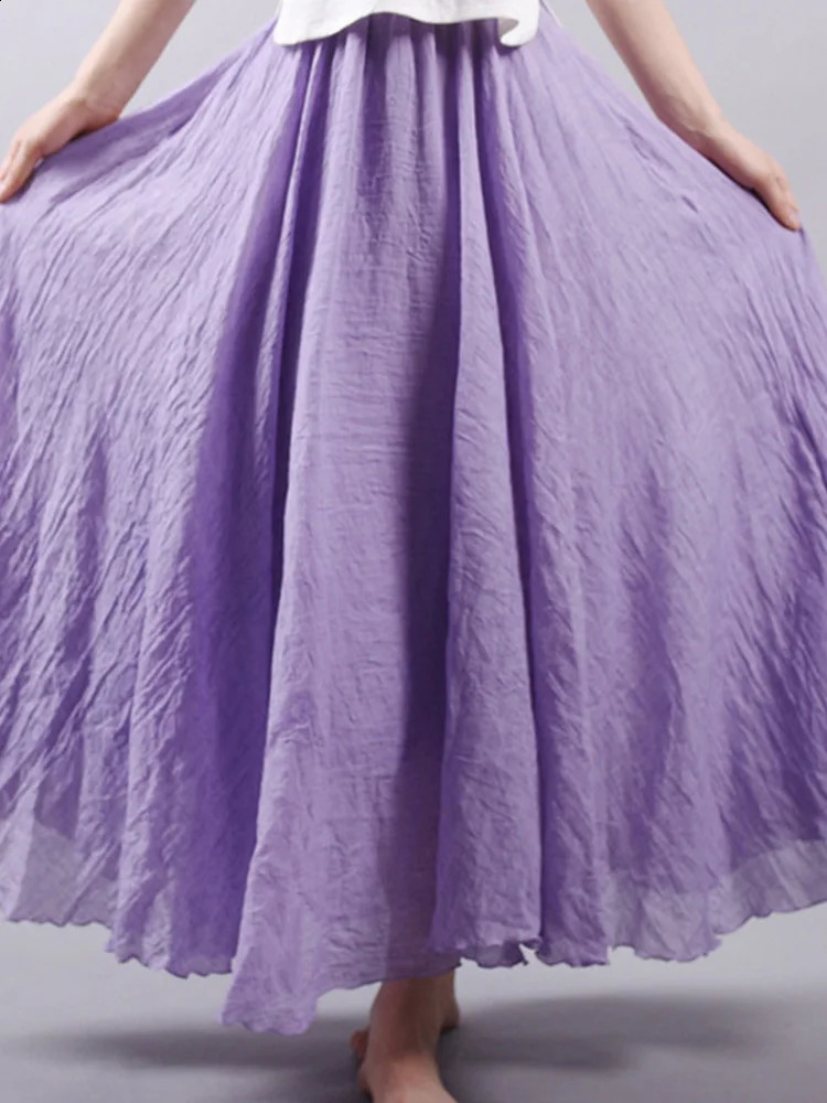 Womens Elegant High Waist Linen Maxi Skirt Summer Ladies Casual Elastic 2 Layers Skirts saia feminina 240323