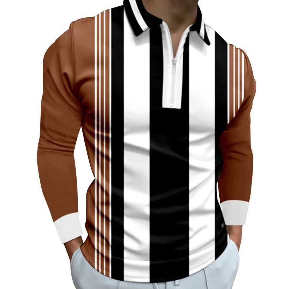 Mens T-shirt Fashion Stripe Printed Casual Sports Collar Shirt Mens Top Strt Zipper Mens Long Sve T-shirt W241106