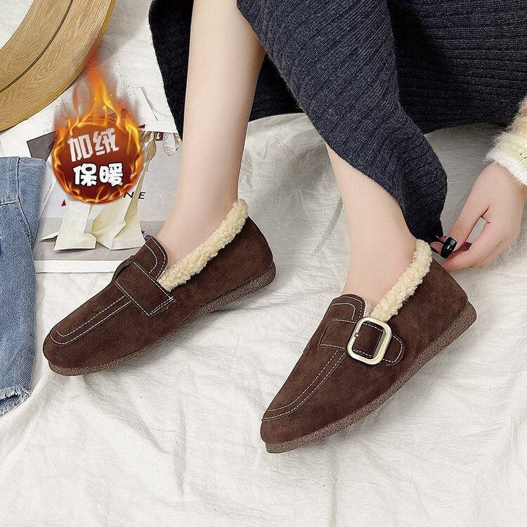 High heels, plus plus plus size bean shoes, women's music shoes, versatile and thick plush single shoes, wearing cotton shoes on the outside