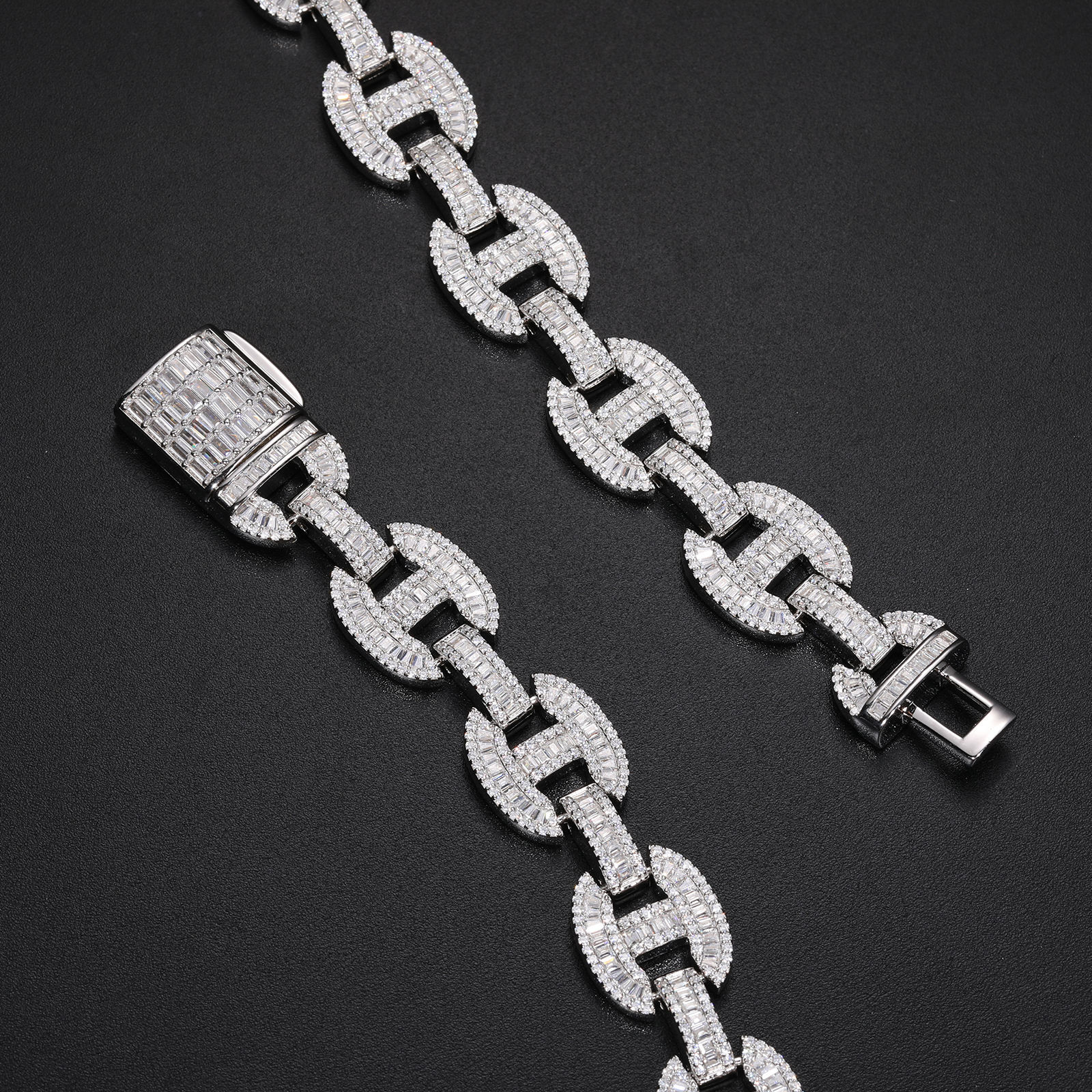High Quality 16mm Baguette Moissanite k Sterg Sier Lab Mossanite Dia Iced Out Cuban Chain For Men