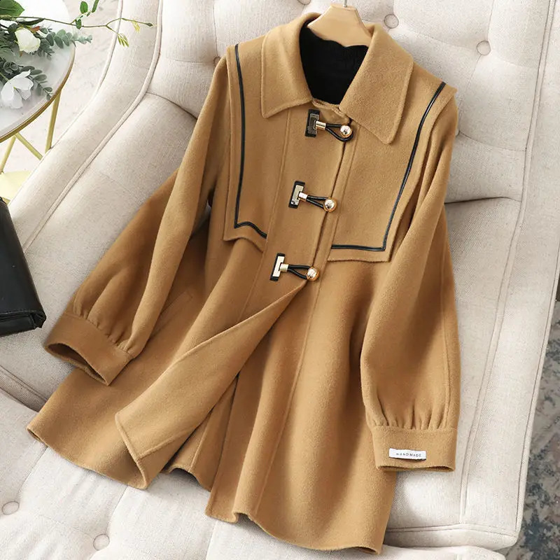 Women Wool Blends Coats Fashion Patchwork ned Puff Sleeve Elegant Lady Cashmere Clothes M4XL Mujer French Style Harajuku 241105