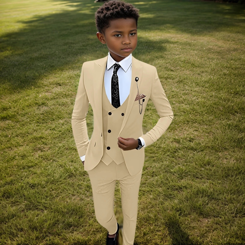 Champagne Notched Lapel Suits For Kids School Uniforms Boys Regular Fit Suit Set 3-14Y In Stock Wedding Ring Bearer Outfit 241106