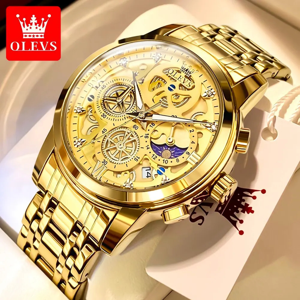 OLEVS Mens Watch Top Original Waterproof Quartz Watch Mens Gold Skeleton Style 24-hour Day and Night Watch 241105