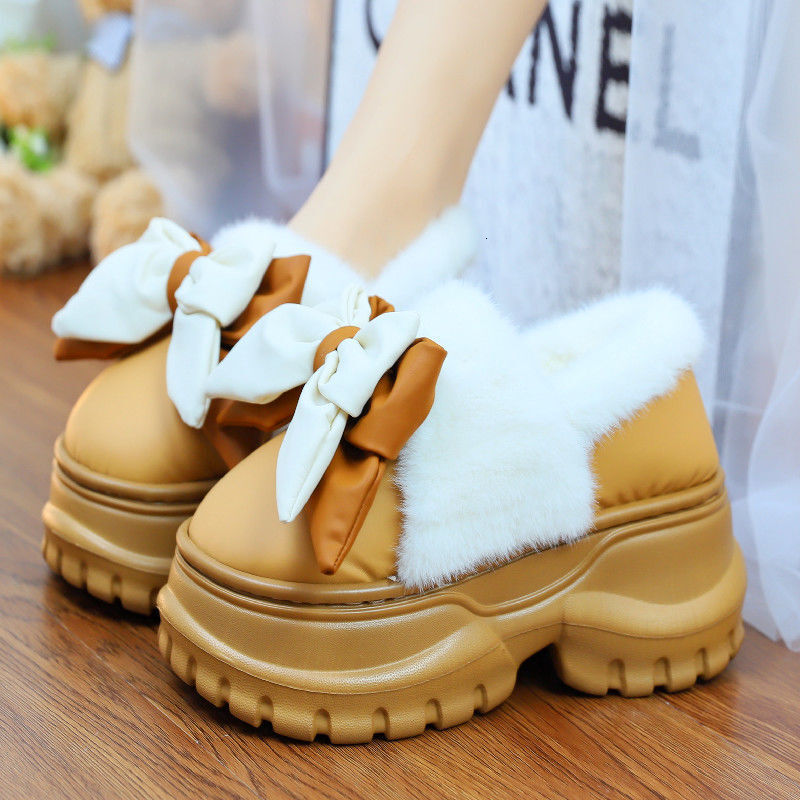 High Heels 7.5cm Bow Slippers Home Women's 2025 Designer New Autumn/winter Warm Thick Bottom Plush Slippers Women's Platform Waterproof Slip
