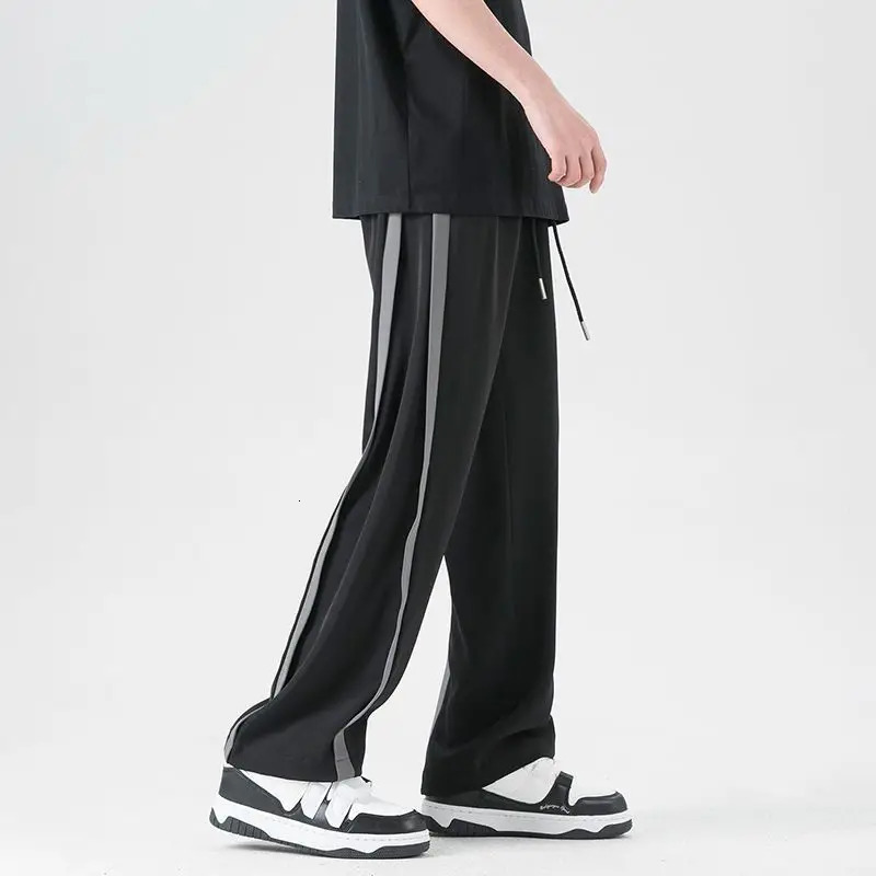 Trousers Striped Male Sports Pants Black Straight Mens Sweatpants Loose Long Athletic Y2k Baggy Elastic Sport Essential Retro 241104