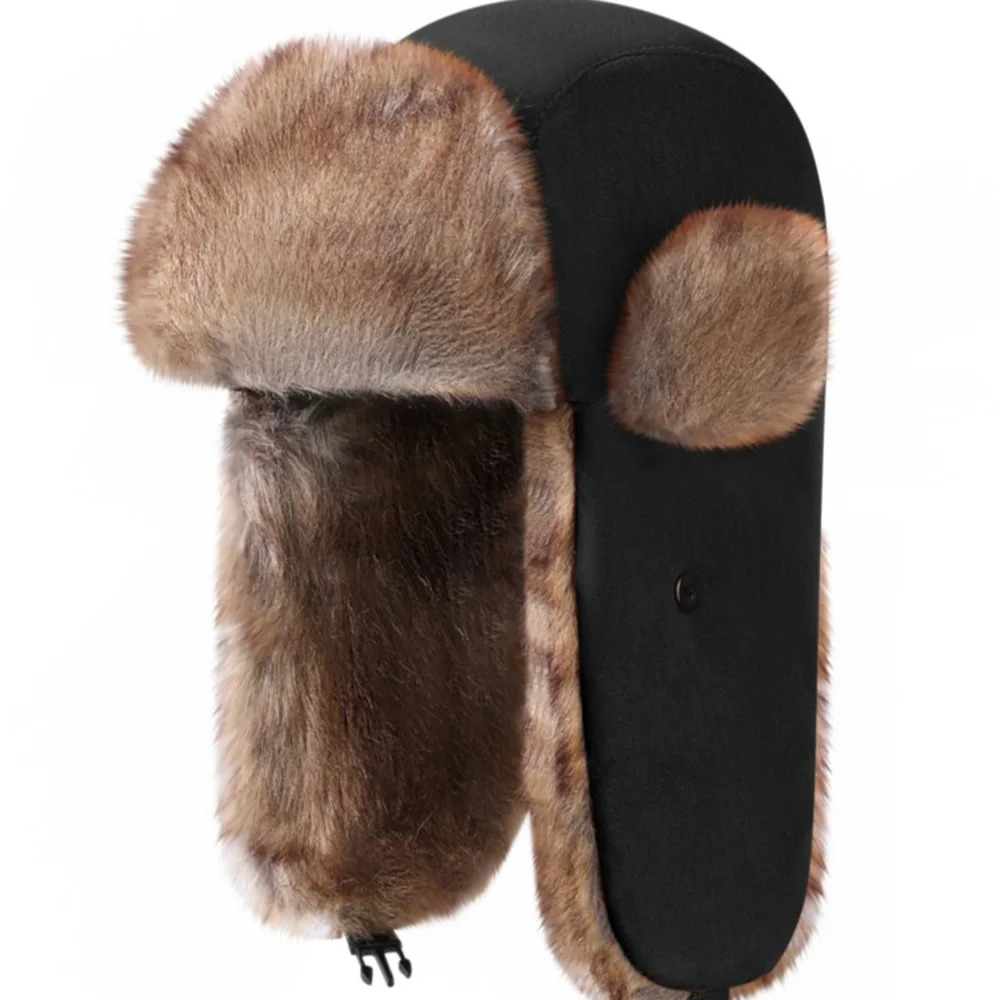 Mens Winter Trap Bomber Hat Thick Artificial Fur Ear Hood Russian Suede Ski Hat Outdoor Warm Plush Ear Hood 241106