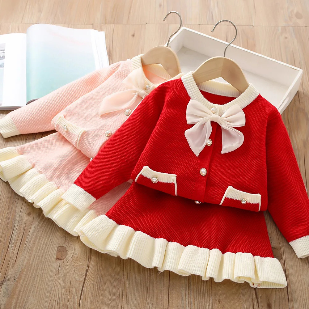 2024 Girls Autumn Dress Bow Korean Edition Childrens Set Baby Foreigner Knitted Cardigan Two Piece Set 2-8 Year Old Top and Bot 241106
