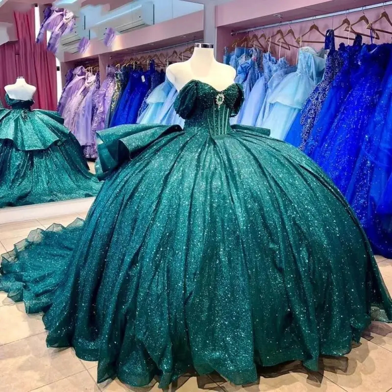 Blackish Green Shiny Ball Gown Quinceanera Dresses Off Shoulder Sweet 16 Beads Crystal Tulle Corset Birthday Party Dress Vestidos De 15 Anos