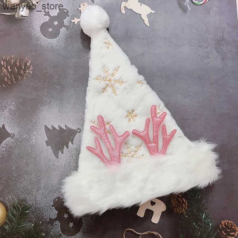Wide Brim Hats Bucket Hats Plush Christmas Hats for Adults Glitter Snowflake Embroidered Santa Claus Hat with Antlers L240910