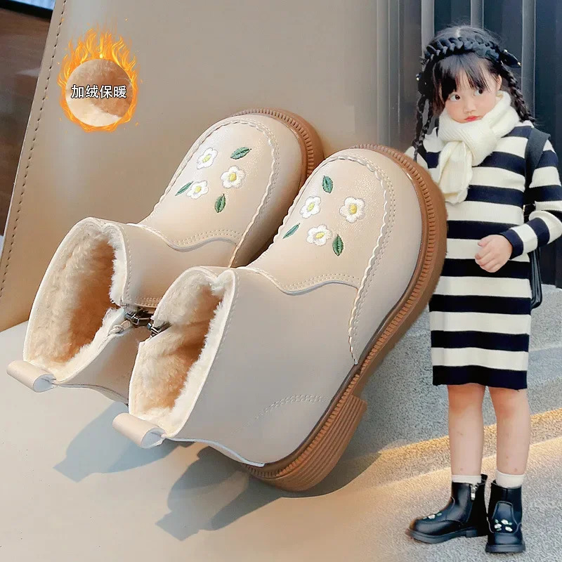 Winter Shoes for Girl Snow Boots Fashion Embroidery Plush Warm Kids Short Boots Non-slip Girls Cotton Shoes 241106