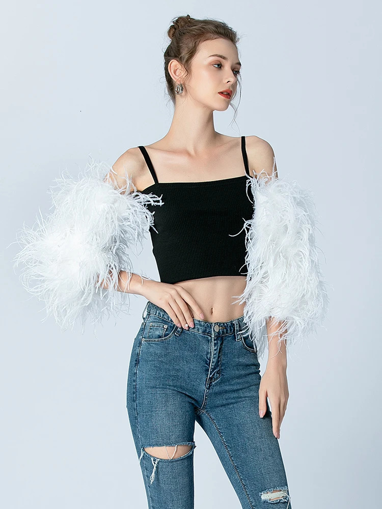 Feather Cuffs Party Fur Sleeves Cuffs Womens Fashion Fur Sleeves Glove Sleeves True Ostrich Feather White Long Sleeve 241106