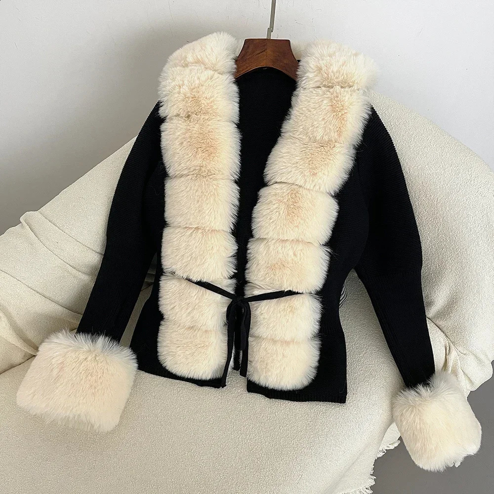 Faux Fur Coat Patchwork Knit Knitted Cardigan Detachable Collar Jacket Sweater Bandage Autumnwinter Womens 241104