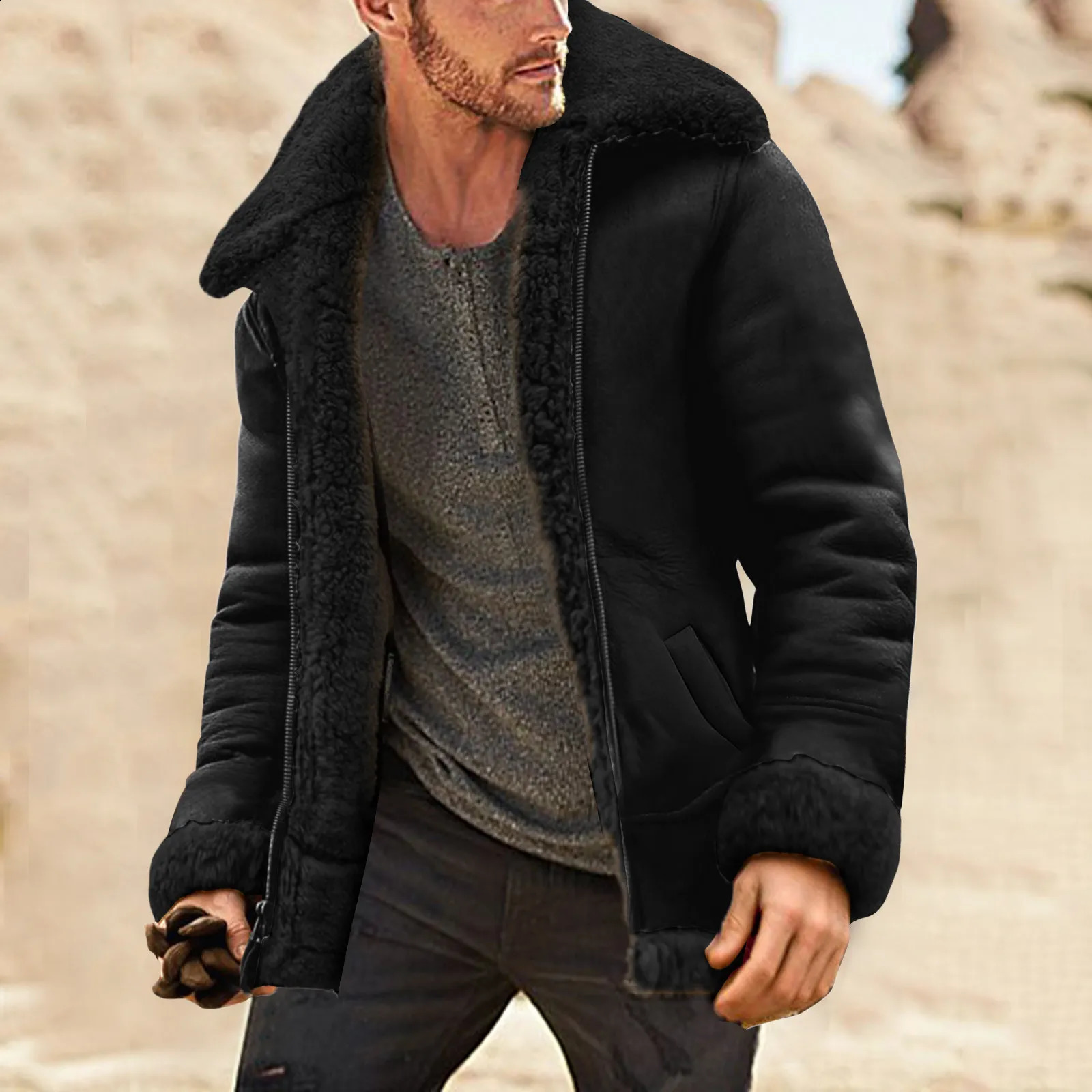 Retro Thick Coat Sheepskin Jacket Mens 2024 Fashion Simple Winter Coat Collar Long Sleeve Inlaid Leather Jacket 241106