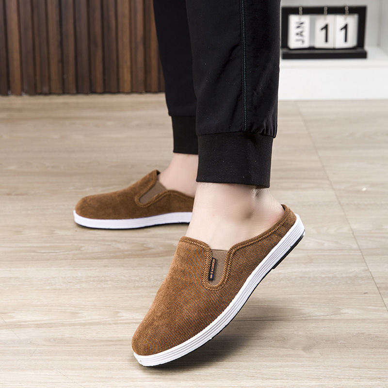 Summer cloth slippers, casual, breathable, versatile board shoes, one foot pedal, no heel, half drag, anti slip men's shoes