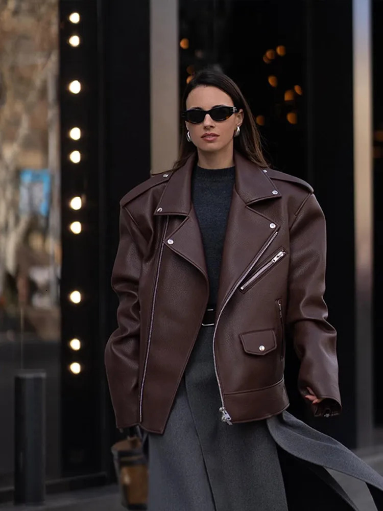 Retro Leather Turndown Collar Womens Jacket Fashion Casual Loose Long Sleeve Zipper Jackets Autumn Vintage Solid Color Coat 241106