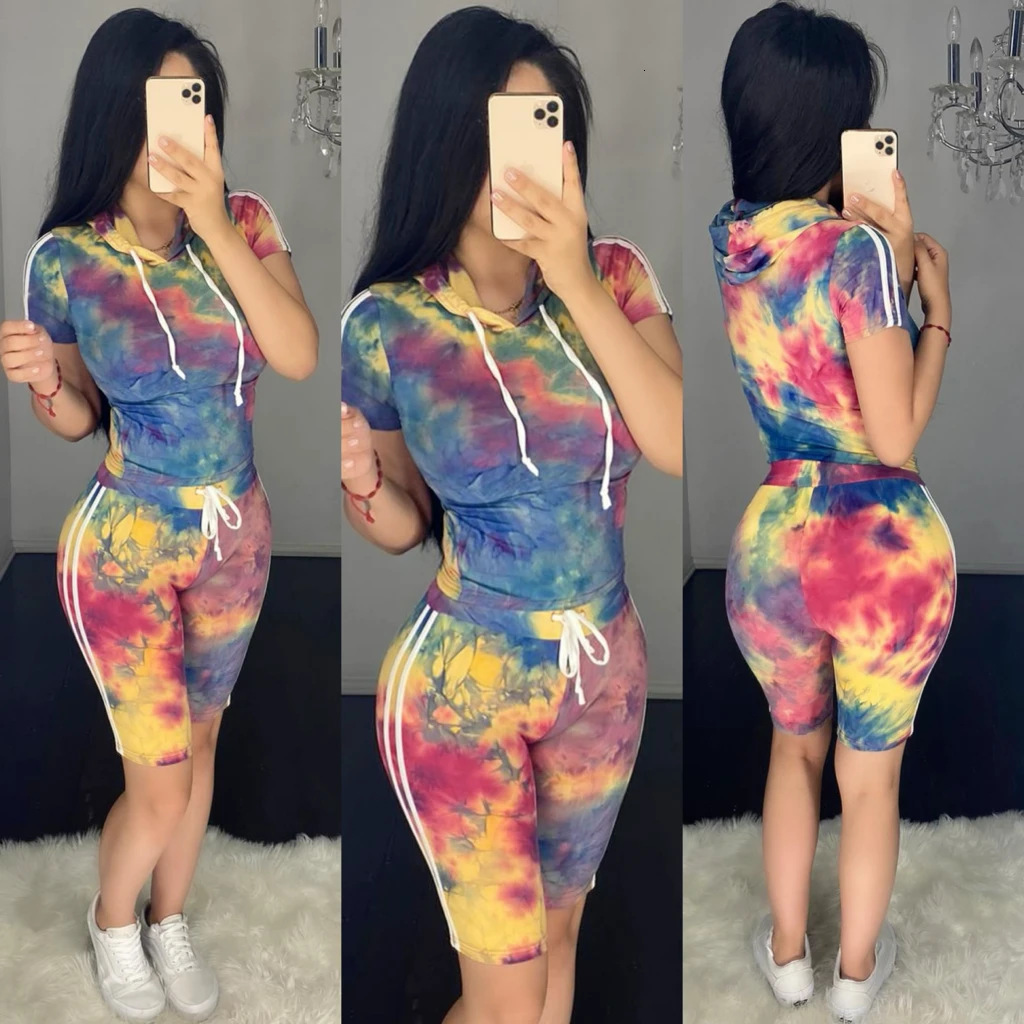New designer women's fashionable casual tie dye printed hooded sports two-piece set fashionable hoodie